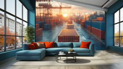 Cargo Containers at Sunset in a Shipping Port Wall mural