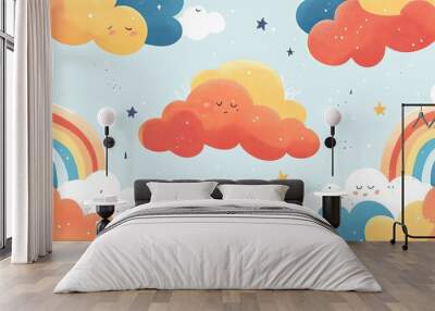 Colorful Clouds with Rainbows and Stars in a Blue Sky Wall mural