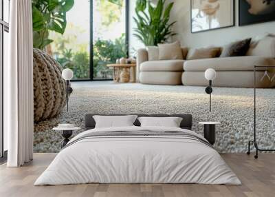 Fluffy carpet and stylish furniture on floor indoors, low angle view Wall mural