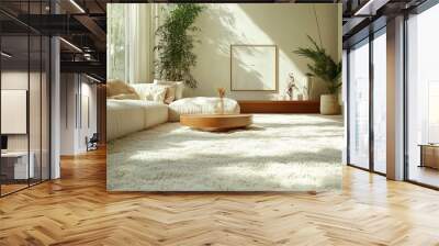 Fluffy carpet and stylish furniture on floor indoors, low angle view Wall mural