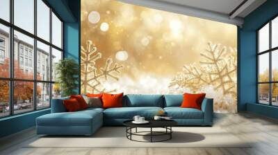 Glittering Gold Snowflakes on a Snowy Background Wall mural