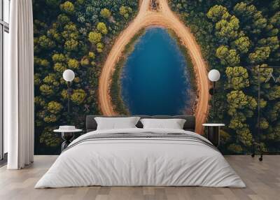 Serene Blue Lake Surrounded by Lush Green Forest, Aerial View Wall mural