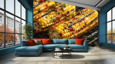 Summer BBQ Delight. Grilled corn cobs resting on a barbecue grill perfectly Wall mural