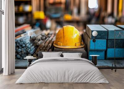 Yellow Hard Hat and Construction Materials Wall mural