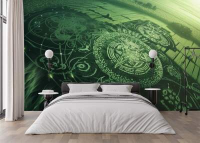 A green crop circle with geometric patterns and a close-up of wheat ears. Wall mural