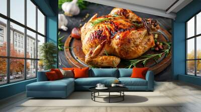 roasted chicken on a wooden plate, chicken, food, meat, dinner, meal, roasted, roast, plate, grilled, fried, dish, white, cooked Wall mural