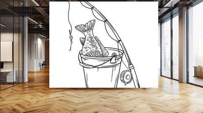 Illustration of a fish in a bucket with a fishing rod. Fishing. Fish tail. Summer hobby on the water. Wall mural