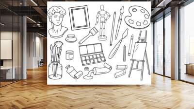 Set of artist supplies. Collection of different art tools paint brushes, easel, palette knife. Painter accessories. Art supplies. Vector illustration isolated on white background.  Wall mural