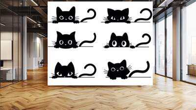 set of black cats looking out the window. collection of cartoon cats peeking out the window. funny p Wall mural