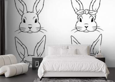 Set of cute bunny faces. Collection of cartoon rabbit faces with glasses and hendband. Holiday rabbits. Eater hare. Colorful illustration isolated on white white. Drawing with children. Wall mural