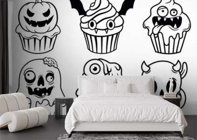 Set of cute halloween cupcakes. Collection of character creepy cupcakes with witch hat, pumpkin, eyeball, etc. Trick or treat. Happy scary sweets. Vector illustration of fun halloween muffins. Wall mural