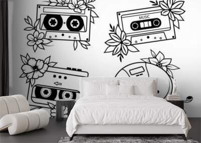 Set of floral cassette player. Collection of vintage retro audio cassette and disk drawn in floral design. Vector illustration of old school fashion print for t-shirt. Nostalgia music equipment.  Wall mural