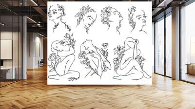 Set of floral woman. Collection of woman's body and faces with flower. Design for printing. Blossom. Vector illustration isolated on white background. Wall mural