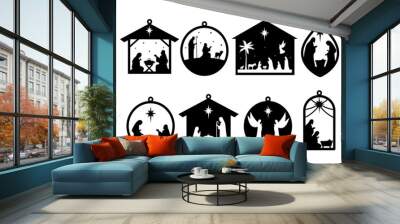 Set of holy Christmas scene on tree toys. Collection of silhouettes traditional christian characters holy night. Family decoration. Vector illustration of sacred elements for  holiday congratulation. Wall mural