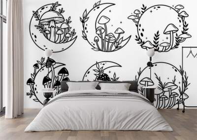 Set of mushrooms with moon. Collection of magical plants on grass. Witchcraft items. Mystical elements.Vector illustration of crescent moon on white background. Wall mural