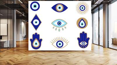 set of mystical hamsa. collection of different amulet blue evil eye or turkish eye. modern amulet fo Wall mural