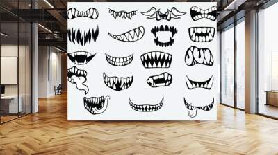 Set of scary smile masks. Collection of different types of smiling faces with teeth. Line art. Creepy mouth masks. Halloween masks. Vector illustration for children. Tattoos. Wall mural