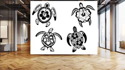 Set of sea turtles with flowers. Collection of floral tropical underwater inhabitants with armor. Hawaii plants. Undersea world. Vector illustration for children. Tattoo. Wall mural