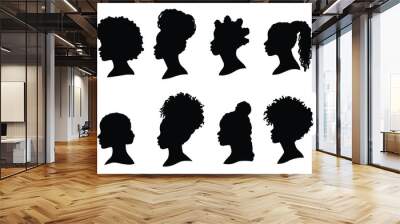 Set of silhouette afro girl. Collection of black  woman face  with stylized hairstyle. Vector illustration of girl head with stylized haircut. Wall mural