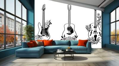 set of stylized guitars with flower. collection of electric guitars with floral bouqet. black and wh Wall mural