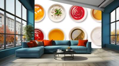 A top view of a variety of sauces in bowls, including ketchup, mustard, and tartar, isolated on a transparent background, PNG. Perfect for culinary presentations, or cooking-themed design Wall mural