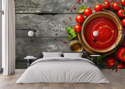 Top view of a rustic wooden table with a bowl of homemade tomato sauce, surrounded by fresh ingredients like basil, garlic, and chili peppers, perfect for a delicious, traditional Italian meal. Wall mural