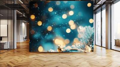 Winter holiday background with a clock and fir branches under a blue sky, snow, and colorful festive lights. Suitable for holiday banners, greeting cards, and festive posters. Wall mural