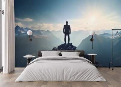 Silhouette business man at peak of mountains. Success Business Leadership, Winner on top. Successfully achieving your goal. Wall mural