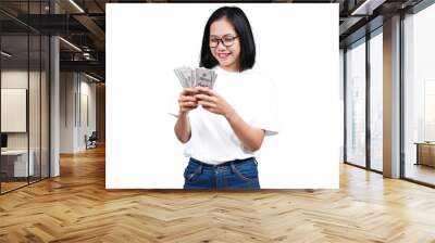 A smiling asian woman counting money isolated transparent Wall mural