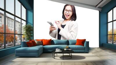 Asian Businesswoman with money isolated transparent Wall mural