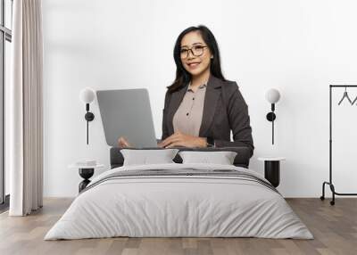 Beautiful Young Asian Businesswoman with Laptop Cutout Isolated Background Wall mural