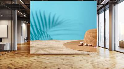 Summer Background Concept, Palm Leaf Shadow on Blue Background Wall mural