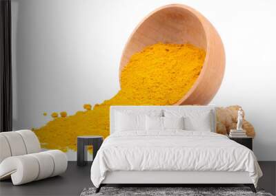 Turmeric powder spilling out of a wooden bowl isolated transparent Wall mural