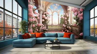 illustration fantasy background wallpaper of beautiful rose flower at ancient palace garden yard Wall mural