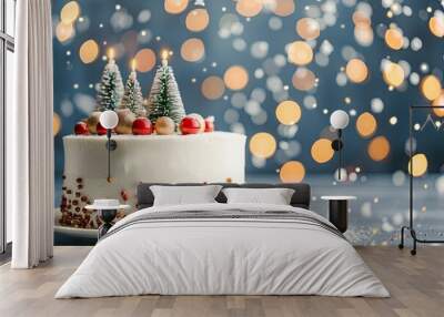  Sugar decoration in the shape of a Christmas tree on a cake. Handmade cookies, cupcakes, confection standing on the table. Christmas and New Year. Copy space. banner Wall mural