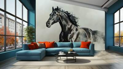 A beautiful black stallion jumps in the dust. Wall mural