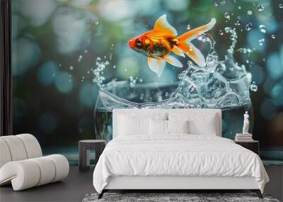 A goldfish jumps out of an aquarium. Creative thinking. Concept of Freedom, Ideas Wall mural