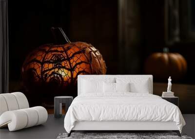 Halloween pumpkin head jack lantern with burning candles. Banner Wall mural