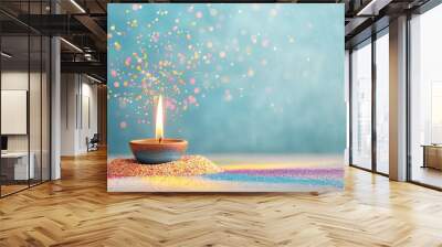 happy diwali festival background. Clay diya lamps lit during diwali celebration, Diwali, or Deepavali, is India's biggest and most important holiday. poster, flyer, website banner, copy space Wall mural