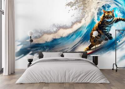 isolated cat surfing on a wave , on ocean sea on summer vacation holidays, wave. Wind, pleasure . copy space Wall mural