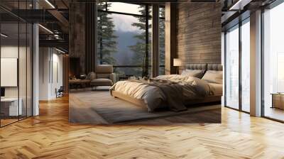 Modern interior. the chalet. a view of nature. a large room . eco-friendly concept, unity with nature Wall mural