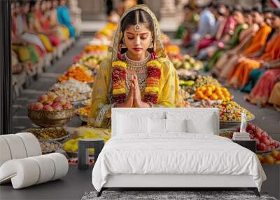 preparing Diwali rangoli for celebration - concept of home decoration, family bonding and religious custom. Indian girls at the festive table. preparations, celebrations, feasts. diwali, indian Wall mural