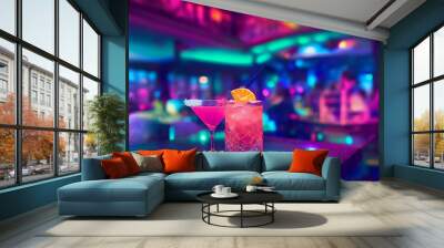 The colorful cocktails on the bar counter, 3D rendering. Wall mural