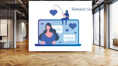 Romance scam, online dating scam, cyber crime concept, woman in love with scammer, hacker chatting online vector illustration Wall mural