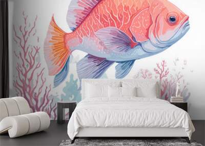 beautiful drawing of colored fishes, marine life, watercolor painting, hand drawing,white background. Wall mural