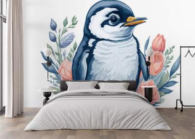 Watercolor illustration with cute penguin with delicate flowers and leaves, hand draw animal and floral element, isolated on white background Wall mural