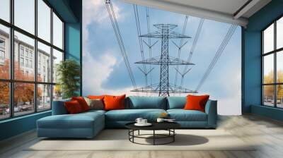 High voltage pole cable wire and Blue sky with cloud .. Wall mural