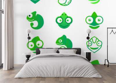 A collection of logos with chameleon. Cute character for a business emblem. Set of vector lizard mascot. Wall mural