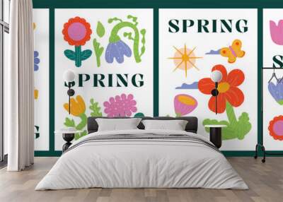 A collection of spring posters with thick flowers and leaves. Bright naive hand drawing artworks. Wall mural