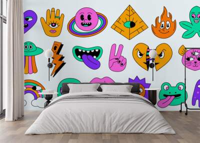 A set of characters in the style of an acid old cartoon with an outline and emotions. Wall mural